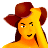 Pixelated cartoon character with yellow skin, dark brown hair, and a red cowboy hat, hand near face, neutral expression on gray background.