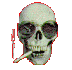 A pixelated skull wearing dark sunglasses and holding a cigarette, with red vertical lines on the left side of its head.