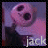 Pixelated pink skull with dark eye sockets and nose cavity, wearing a light purple shirt against a muted blue background; white text 'jack' at bottom.