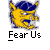 A static contact sheet showing two identical pixelated yellow cartoon characters with blue hair, each labeled "Fear Us" below them, next to red and black text promoting a website.