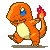 A 4x4 contact sheet of pixel art frames showing a small orange dinosaur-like creature with blue eyes and yellow belly performing various walking, standing, and fire-breathing animations against a gray background.