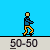 Animated contact sheet showing a stick figure performing skateboarding tricks across 17 frames on a blue background with gray platform elements and "50-50" text labels below each frame.