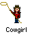 Pixel art of a cowgirl holding a lasso, wearing a red shirt, blue pants, and a black hat with yellow accents, with four variations showing different lasso positions.