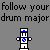 Pixelated character in white uniform with blue accents alternates between arms crossed and raised in a of repeated text backgrounds