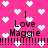 Pixelated pink background with white heart shapes, black text reading "I Love Maggie" and horizontal lines.