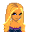 Pixel art of a blonde woman with blue eyes, purple top, black pants, and white sneakers; text reads "BLUE eyed Babe" below.