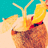 A tropical drink in a coconut shell with two straws, lemon slice, and umbrella on light background.