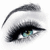 A close-up of a stylized eye with dramatic black eyeliner, light blue-green iris, and arched eyebrow against white background.