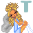 Pixel art contact sheet showing two frames of an animated icon featuring a cartoon woman with blonde hair and angel wings, each frame displaying different colored 'T' text above her head.