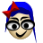 Pixelated cartoon face with blue hair, red bow, black-rimmed glasses, and a smiling expression on a gray background.