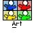 Four pixelated cartoon figures in a 2x2 grid, each with a white circular head and colored body, below which is pixelated text reading 'Art'.