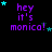 Purple text 'hey it's monica!' on black background with cyan and dark blue stars, animated star positions across frames.