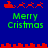 Pixelated holiday-themed animation with red sleighs, reindeer, and green text on a blue background.