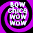 Four identical circular icons with purple and black spiral backgrounds display white text reading BOW CHICA WOW WOW in stacked lines.