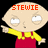 Two pixelated cartoon characters with light skin, yellow shirts, and red overalls stand side-by-side against a black background; one character's text reads 'STEWIE' in orange letters above its head.