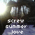 Pixelated image of a person with dark hair and light clothing, overlaid with white text reading 'screw summer love' in the top-left quadrant.
