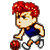 Pixelated character with red hair in four poses: running, dribbling basketball, holding ball, and shooting stance.