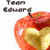 Red apple with yellow heart-shaped core, 'Team Edward' text above; pink background with 'I love vampires' text and branches; three men in white shirts and ties.