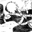 Black-and-white pixelated icon depicting a stylized character with circular head and angular body, likely from an anime series, rendered in low-resolution grayscale with visible dithering and blocky edges.