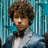 Pixelated image of a person with curly brown hair wearing a light jacket over dark clothing against a blue-toned background, next to green text on solid blue.