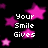 Black background with pink stars and white pixelated text reading 'Your Smile Gives Me Butterflies' in four lines.