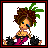 Pixel art of a character with brown curly hair and green leaves, wearing a black and pink outfit with checkered legs, holding black props.