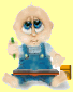 Animated cartoon baby in blue overalls holding a green object, seated on yellow background with brown rectangular shapes.