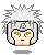 Four pixel-art character faces with spiky white hair and gray headbands featuring a spiral symbol, each with distinct mouth expressions on a gray background.