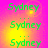 Green text 'Sydney' on a pink and yellow gradient background with pixelated transitions between frames.