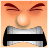 Pixelated face with dark red eyebrows, a glowing circular light on the forehead, and a black-and-gray striped mouth against an orange background.
