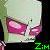 Pixelated image of a stylized skull with pink eyes and green accents on the left side, set against a dark background.