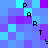 Pixelated of blue and purple squares with scattered black letters spelling 'PARTY' across the image