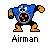 Pixelated character with blue torso, orange limbs, and black accents in a dynamic pose against gray background.