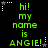 Green pixelated text on black background reads 'hi! my name is ANGIE!' with white and gray star-shaped cursor icons in corners.