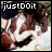 Pixelated static image featuring a dog with text "justDoit" in the top-left corner, set against a blurred background.