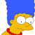 Pixelated cartoon character with yellow skin, blue hair, red collar, and wide eyes looking right, cropped to show head and shoulders.