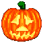 Two pixelated orange pumpkins with green stems, each carved with distinct facial expressions against a gray background.