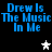 Blue pixelated text 'Drew Is The Music In Me' repeated four times on black background with white and gray star icons.