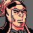 Pixelated 48x48 static icon of a person with glasses, black hair tied back in a ponytail, and pinkish-red facial features against a gray background.