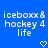 Blue background with white pixelated text reading 'iceboxx& hockey 4 life' and two heart symbols below the text.