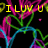 Pixelated yellow text reads 'I LUV U', 'U LUV ME', and 'SO LETS PARTY' over a black background with colorful neon heart outlines.