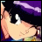Anime-style character with dark hair and purple headband, holding a white object against a dark background with light-colored clothing.