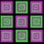 square icons with layered borders in green, purple, and pink on black or white backgrounds, alongside scattered colorful circles and repeating red shapes