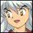 Pixelated anime-style character face with light skin, large expressive eyes, and gray hair against a blurred background.
