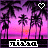Pixelated sunset beach scene with palm trees, pink-purple gradient sky, and 'disco' text below; heart symbol alternates between white outline and solid pink.