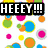 Pixelated icon with colorful circles and text elements including "HEEY!!!" and "ITS JANA!" on a white background.