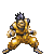 Pixelated character in golden martial arts uniform performing sequential combat poses across three of each