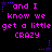 Pixelated text repeats 'and I know we get a little crazy' in bright pink on black, with blue star accents and dotted lines.