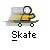 Animated contact sheet showing two frames of a pixelated stick figure skateboarding with motion blur effects on a gray background, accompanied by text promoting 'badassbuddy.com' and the word 'Skate' below each frame.