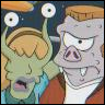 Two cartoon characters: a green alien with large eyes and a brown hat, and a gray pig-like character with a red jacket and white undershirt.